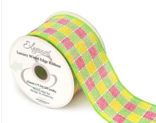Wired Green, Pink & Yellow Check  2.5" x 10 yards