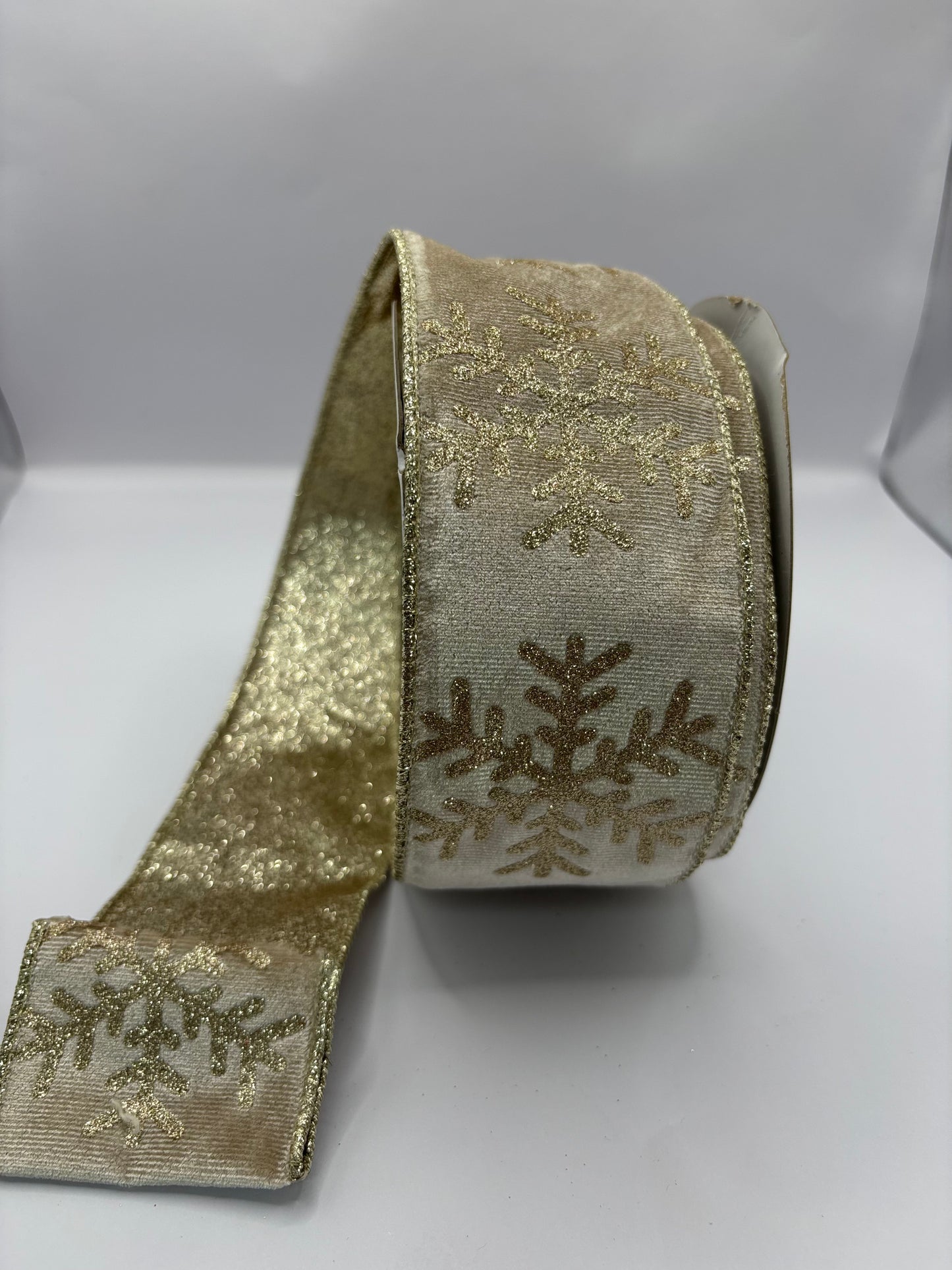 63mm Beige Velvet and Gold Snowflake Glitter Back Christmas Ribbon Per Metre