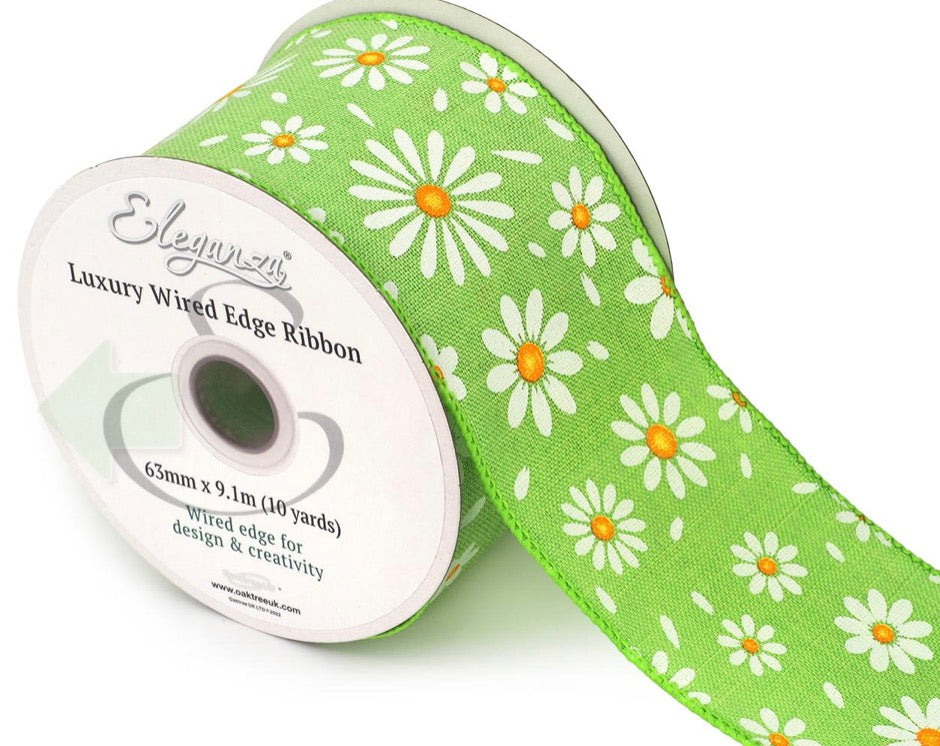 Wired White Daisy on Green Ribbon  2.5" x 10 yards