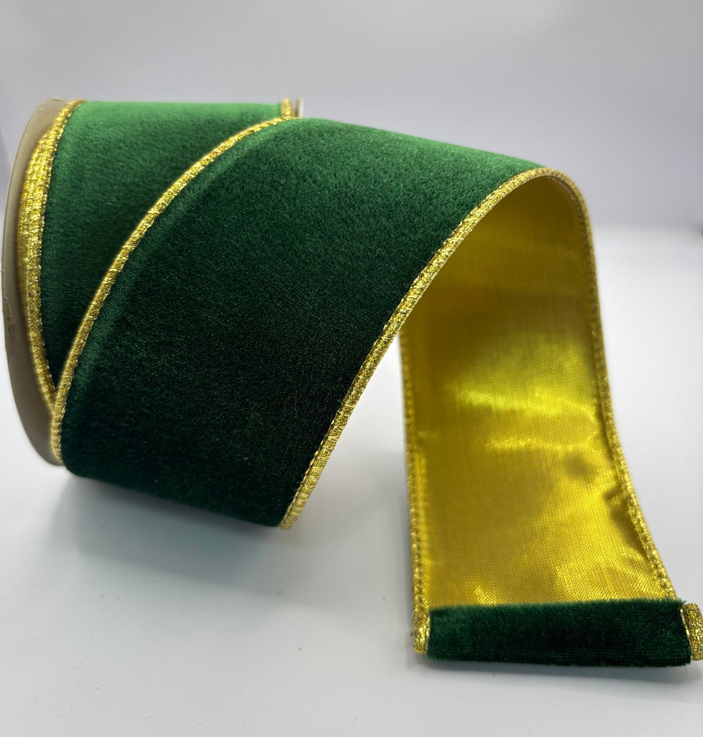 63mm Bottle Green Velvet With Gold Satin Back Christmas Ribbon Per Metre