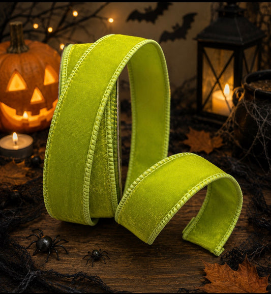 1” (25mm) Lime Green Velvet With Lime Green  Satin Backed Ribbon PER METRE