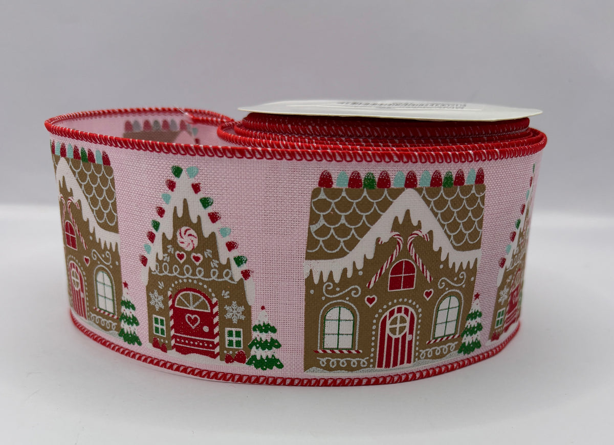 Christmas Wired Edge Gingerbread House Ribbon 2.5" x 9.1m