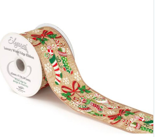 Christmas Metallic Socking Wired Ribbon 2.5" x 9.1m