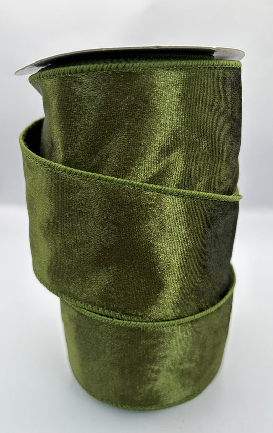63mm Moss Green Velvet Christmas Wired Ribbon Per Metre