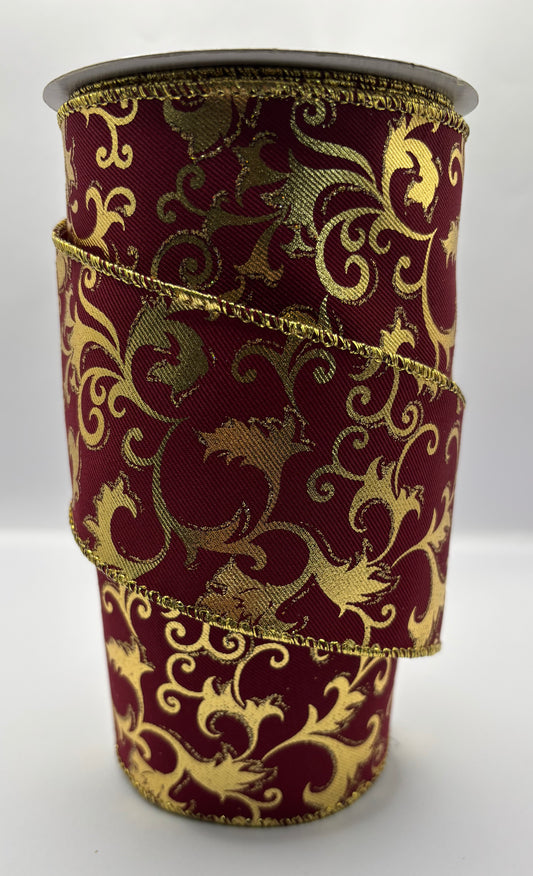 63mm Luxury Gilded Filagree Maroon Christmas Ribbon Per Metre