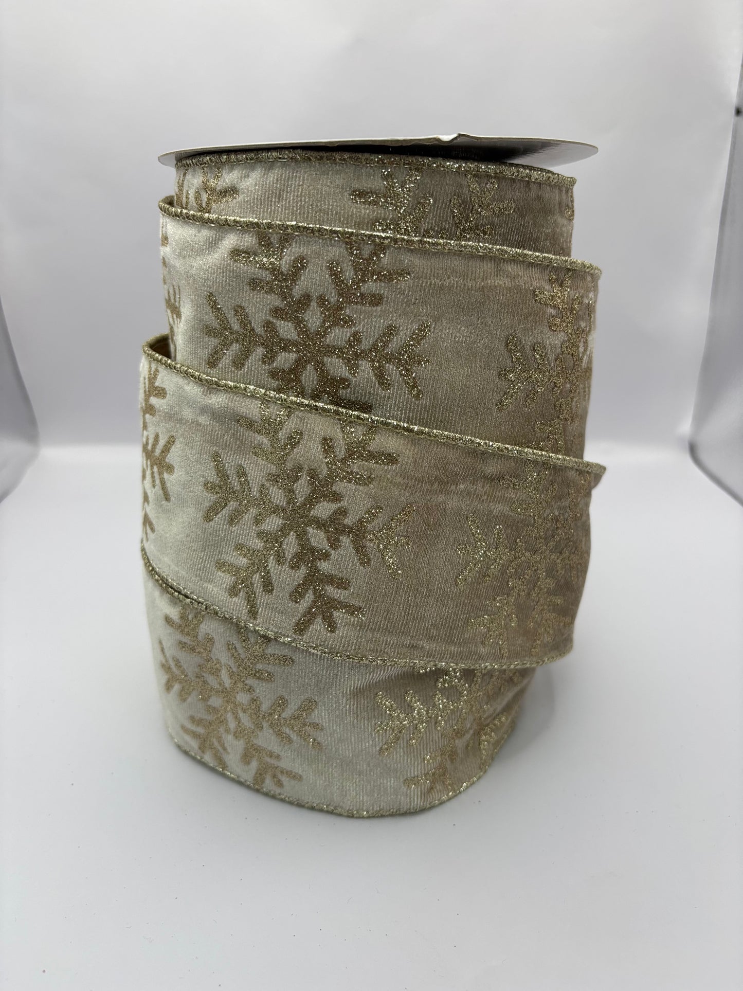 63mm Beige Velvet and Gold Snowflake Glitter Back Christmas Ribbon Per Metre