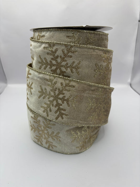 63mm Beige Velvet and Gold Snowflake Glitter Back Christmas Ribbon Per Metre