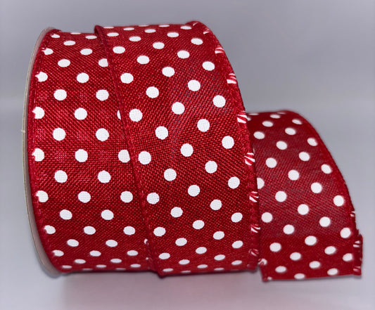 1.5” Red & White Spot Burlap Wired Christmas Ribbon