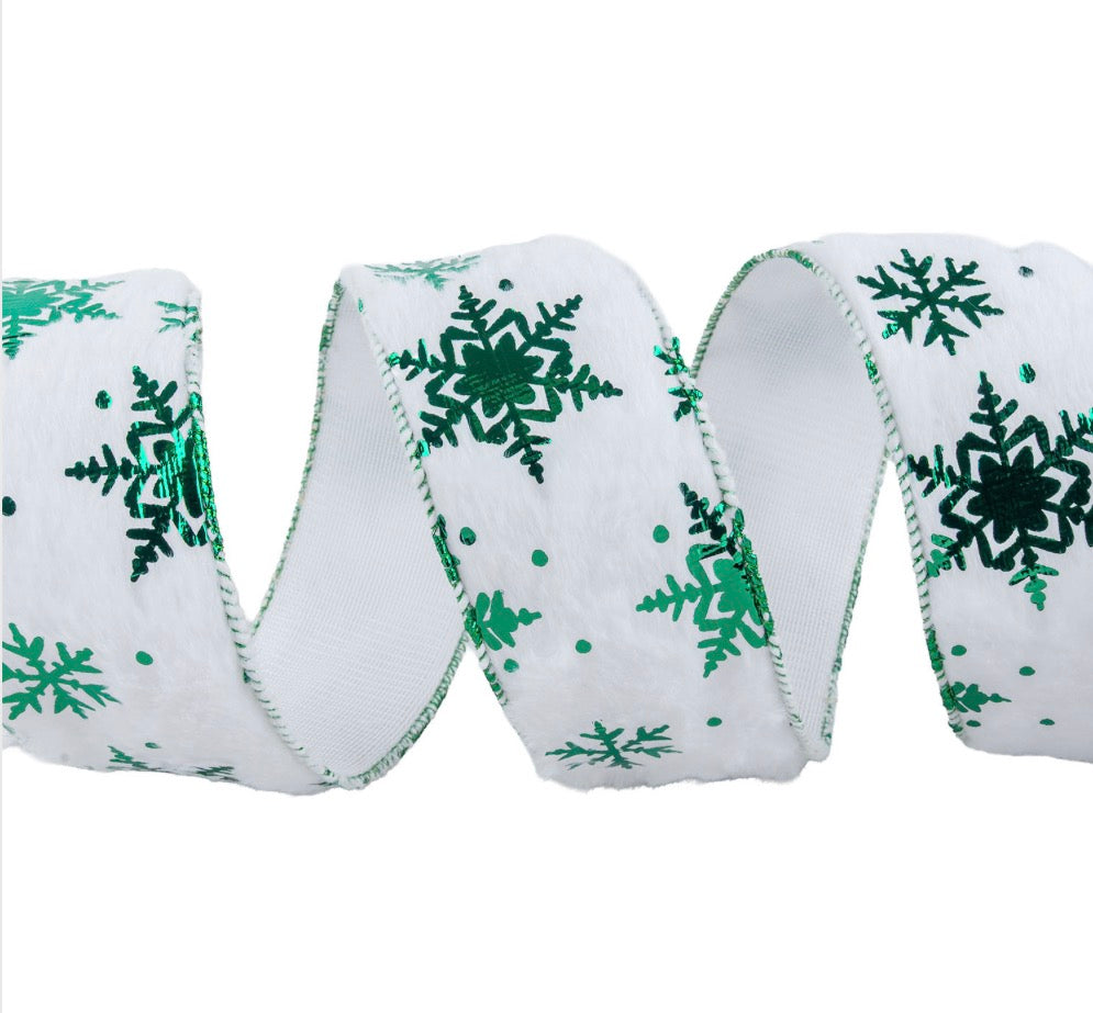 Wired White Faux Fur Green Snowflake Christmas Ribbon