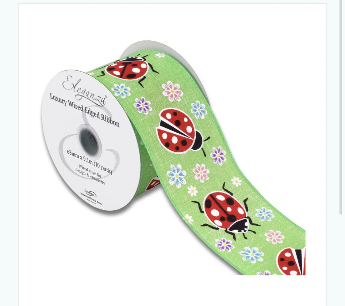 Wired Floral Ladybird Natural Ribbon 63mm x 9.1m