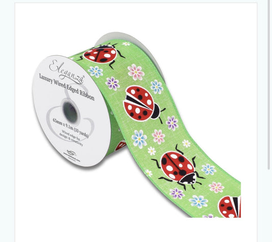 Wired Floral Ladybird Natural Ribbon 63mm x 9.1m