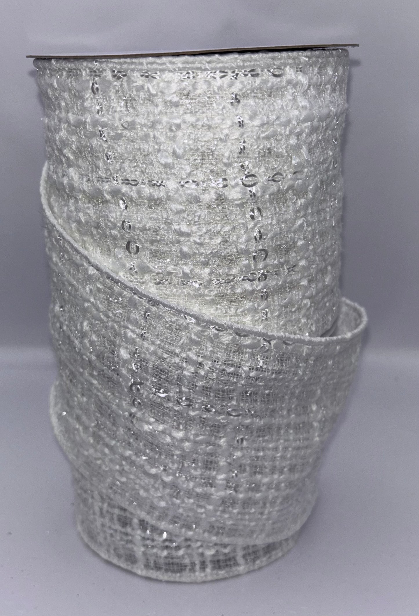 4” White Tweed Wired Christmas Ribbon