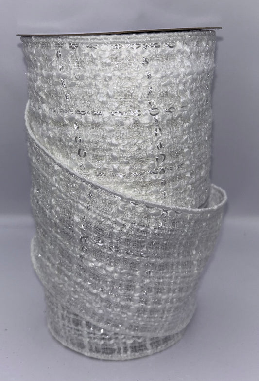 4” White Tweed Christmas Ribbon Per Metre