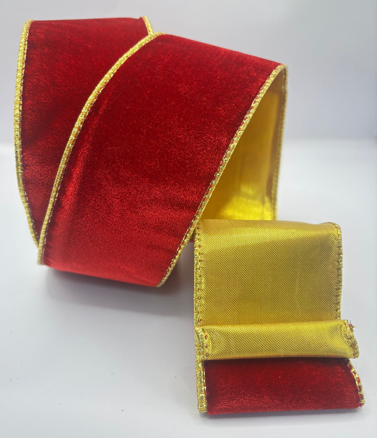63mm Red Velvet With Gold Satin Back Wired Christmas Ribbon