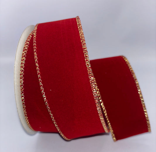1.5” Red Velvet with Gold Edge Wired Christmas Ribbon