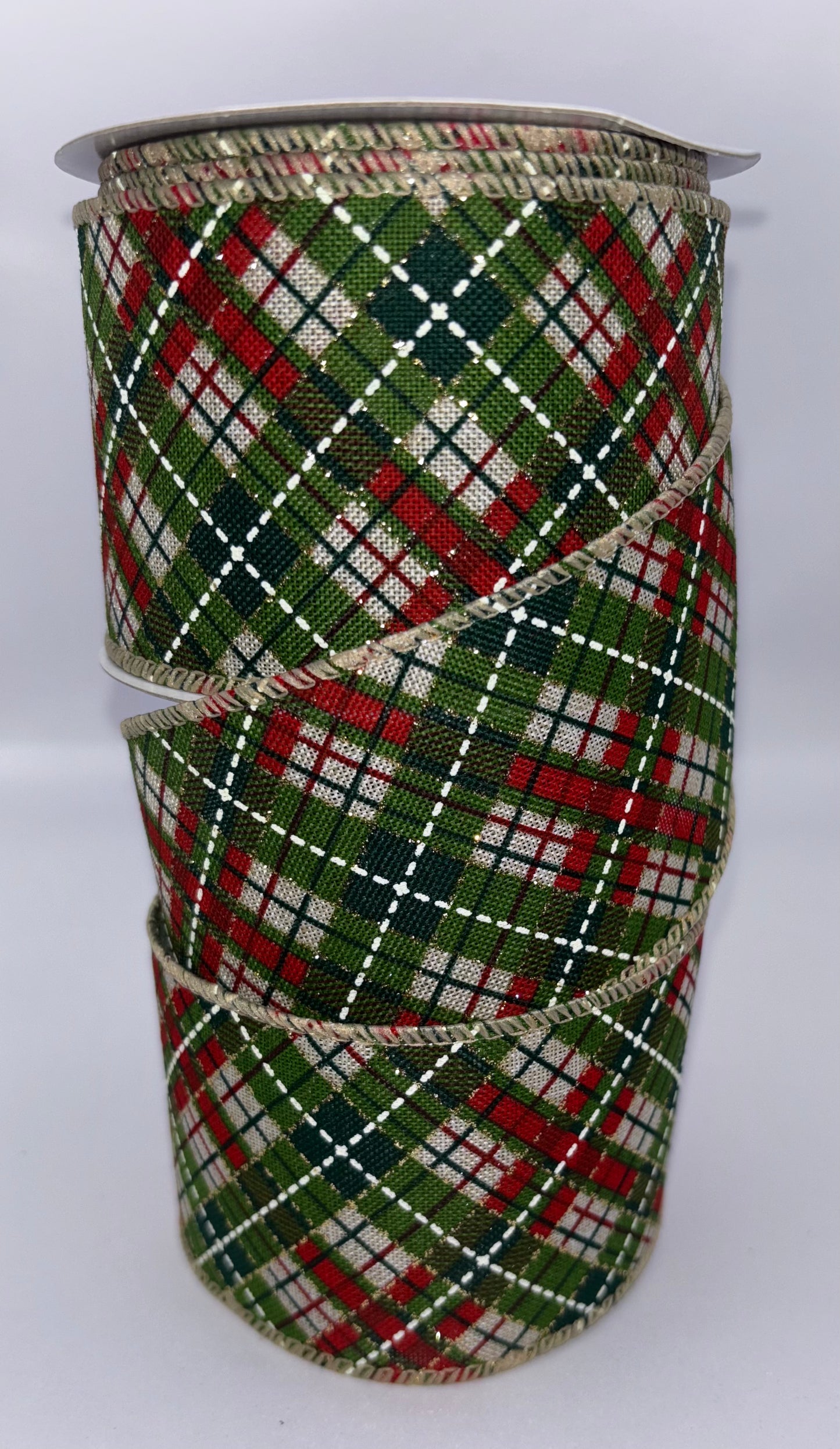 63mm Green, Red & Cream Tartan Burlap Wired Christmas Ribbon