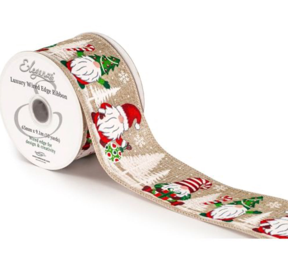 Christmas Festive Gonk  Wired Ribbon 2.5" x 9.1m