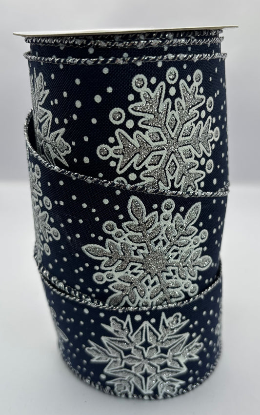 63mm Navy & Silver Glitter Snowflake  Christmas Wired Ribbon Per Metre