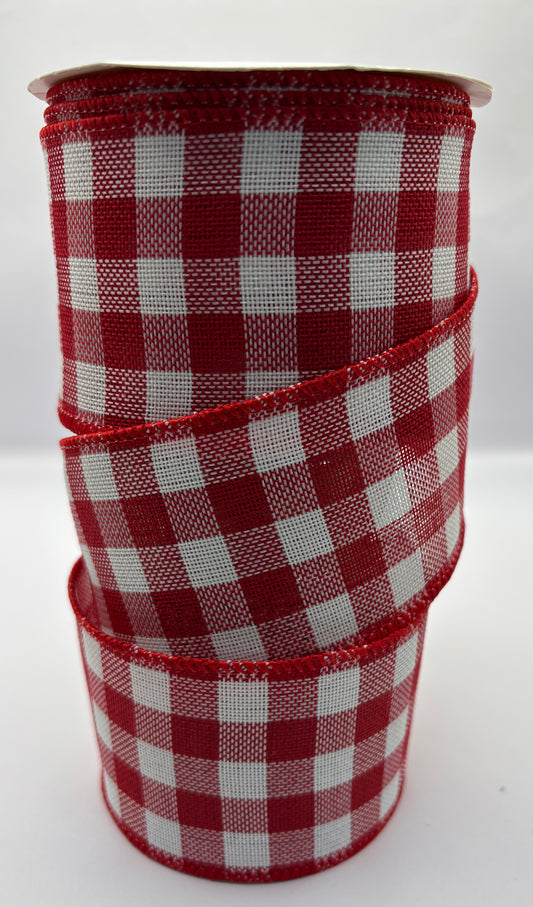 63mm Red & White Check Wired Ribbon