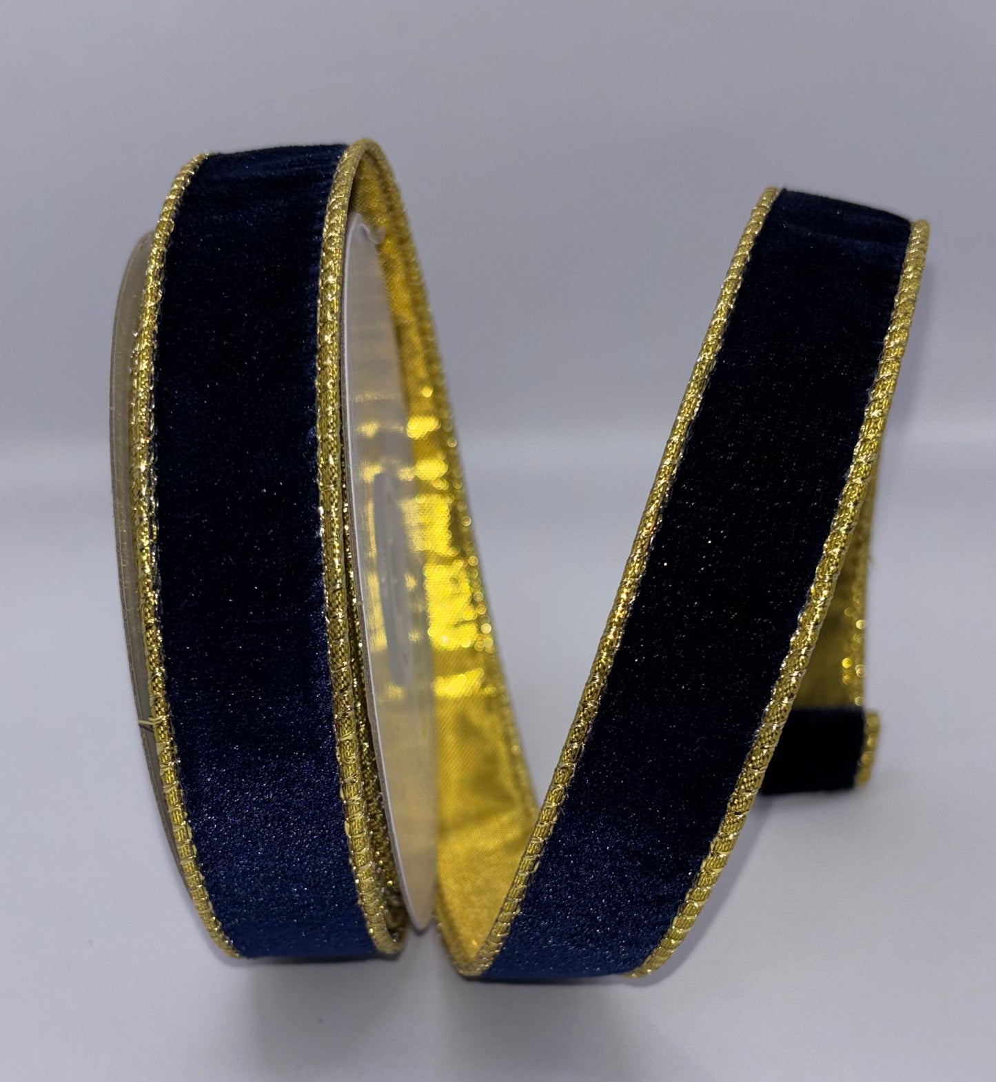 1” (25mm) Navy Velvet -Gold Backed Wired Christmas Ribbon