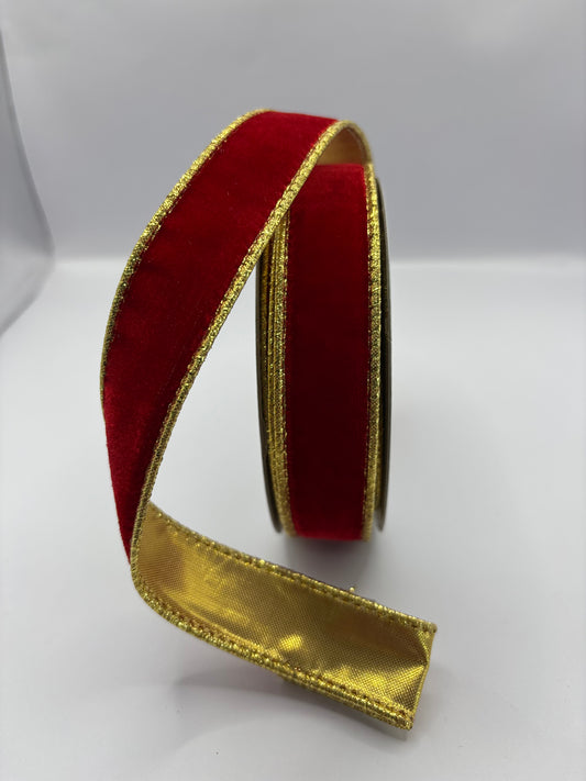 1” Red Velvet - Gold Backed Wired Christmas Ribbon