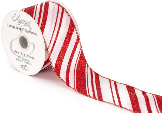 Christmas Glitter Candy Stripe Wired Ribbon 2.5" x 9.1m