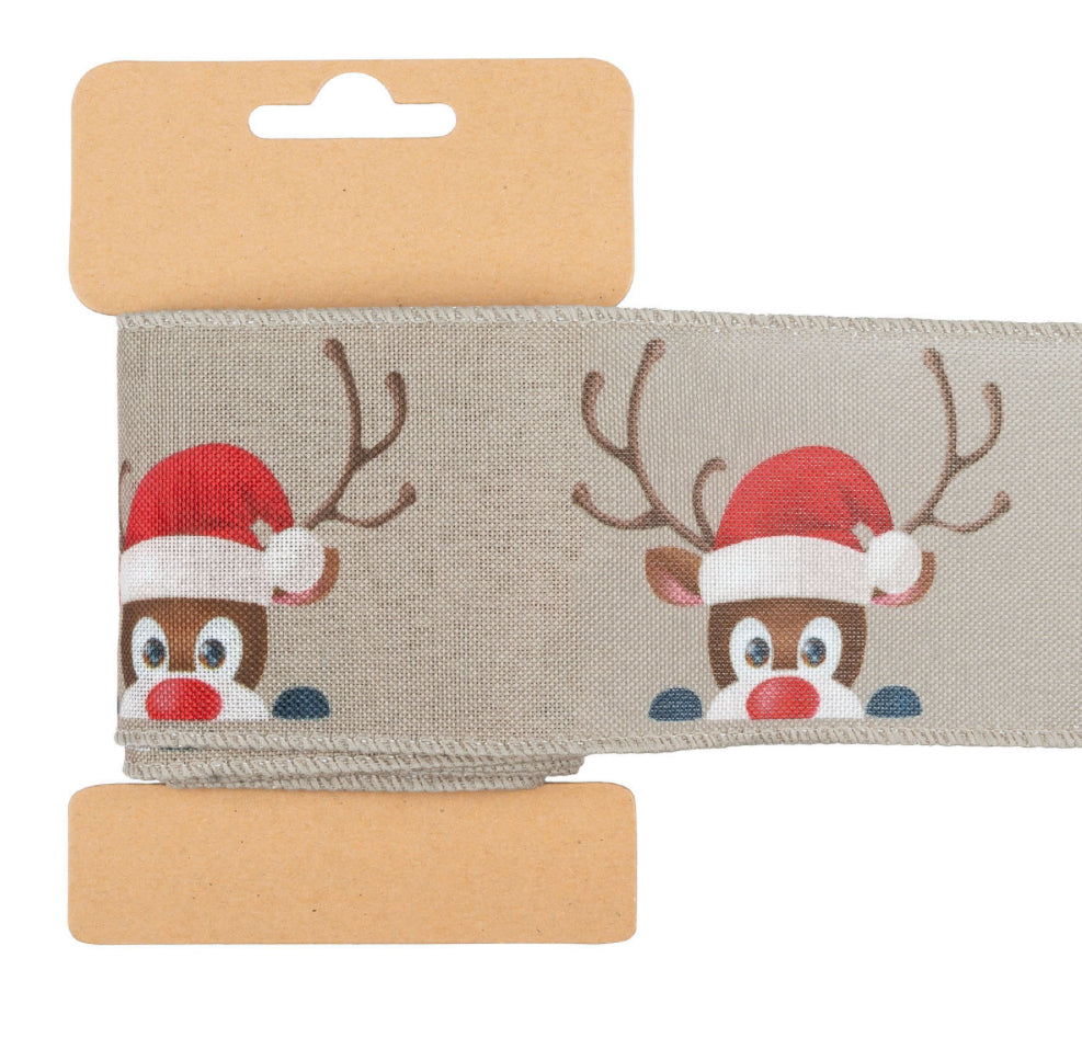 Carded Reindeer & Hat Wired Ribbon