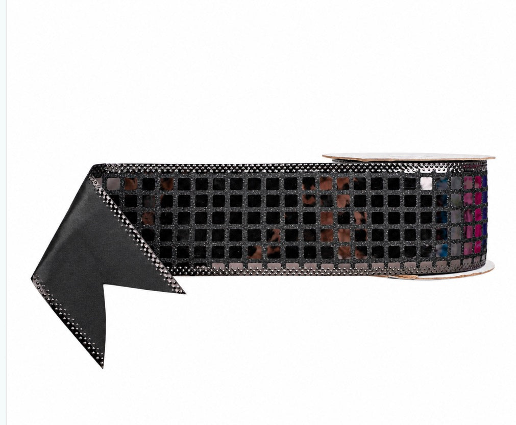 Christmas Wired Edge Shiny Disco Metallic Black 2.5" x 9.1m