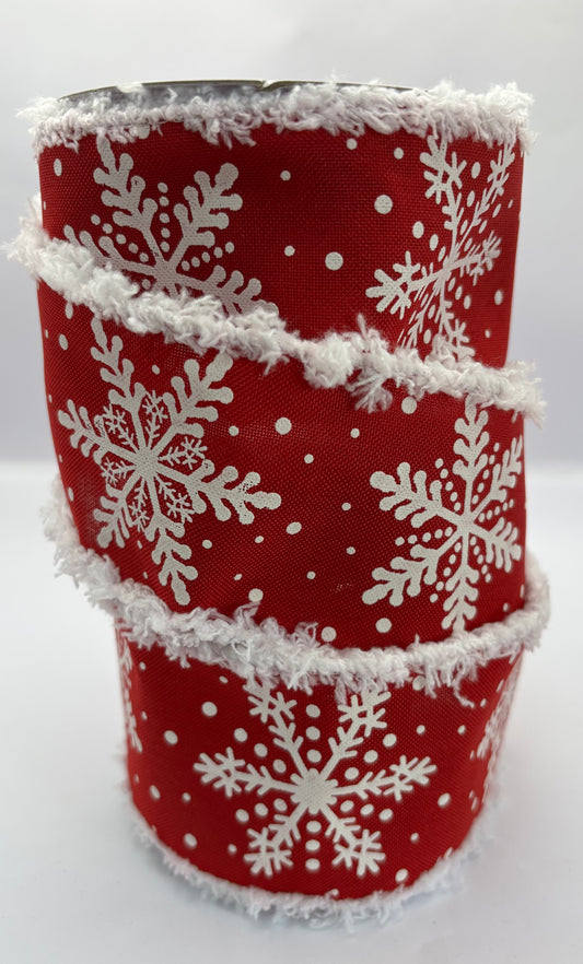 63mm Red & White Snowflake With Furry Edge Wired Christmas Ribbon