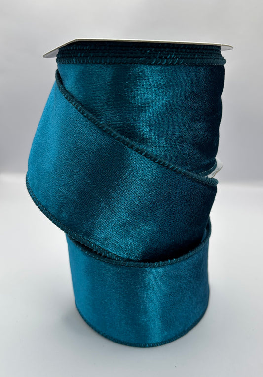 63mm Kingfisher Blue Velvet Christmas Wired Ribbon Per Metre