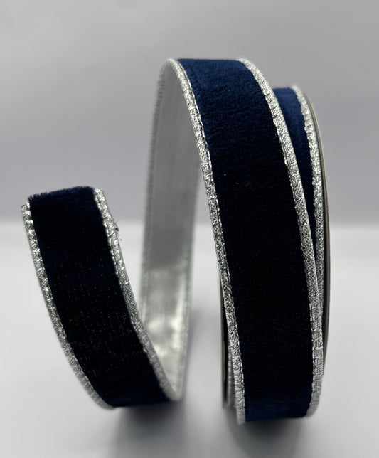 1” (25mm) Navy Velvet - Silver Backed Wired Christmas Ribbon