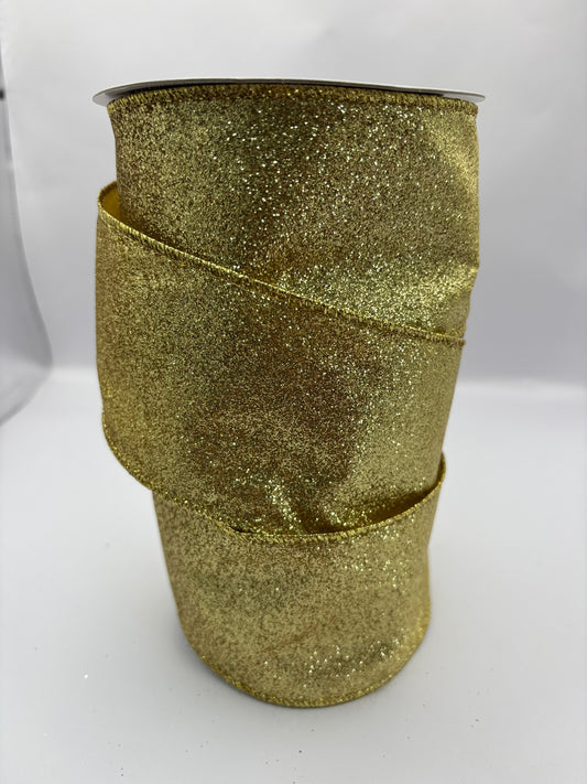 63mm Gold Glitter Christmas Wired Ribbon Per Metre