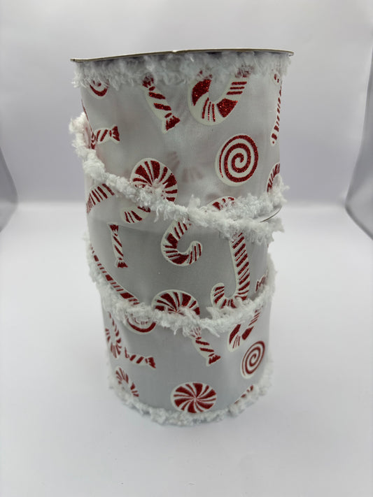 63mm Red & White Candy Cane With Furry Edge Wired Christmas Ribbon