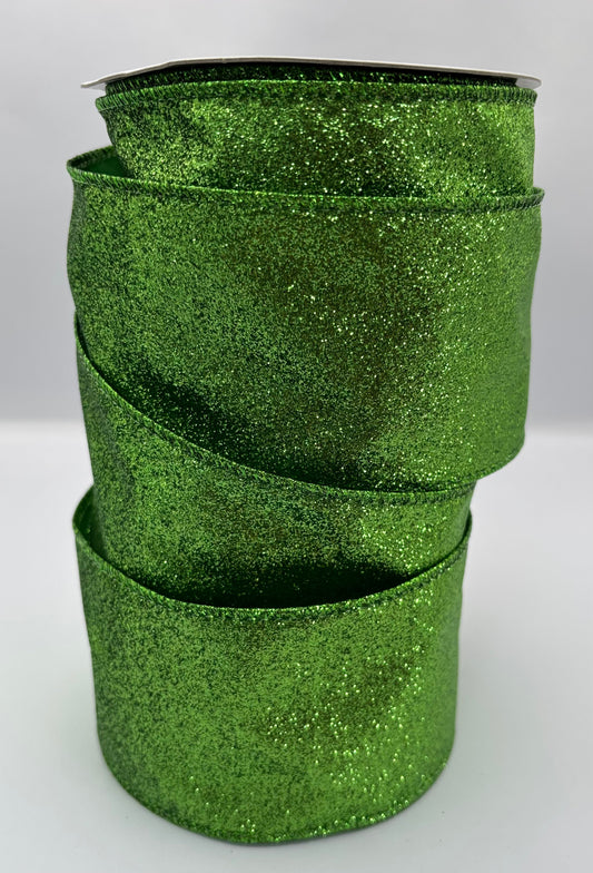 63mm Lime Green Glitter Christmas Wired Ribbon Per Metre