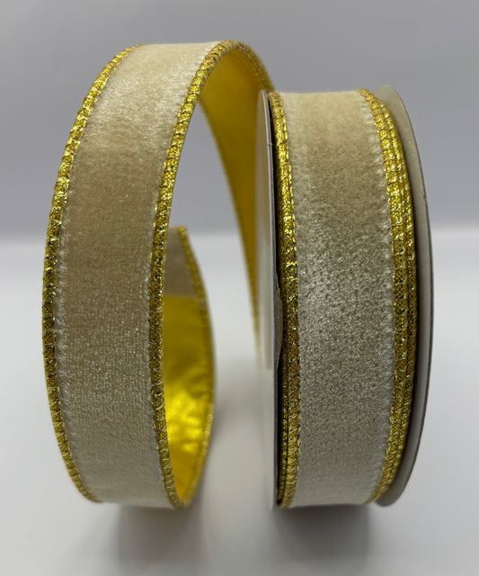 1” (25mm) Cream Velvet - Gold Backed Wired Christmas Ribbon