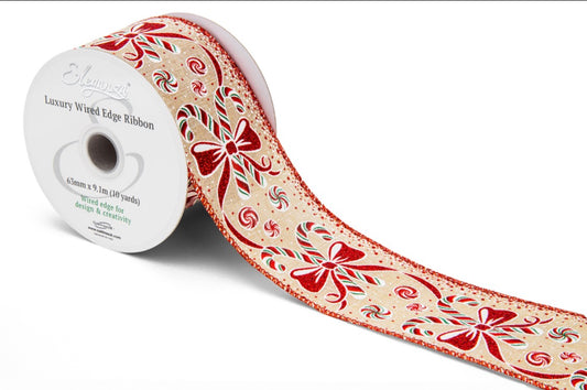 Christmas Bow Candy Cane Wired Ribbon 2.5" x 9.1m