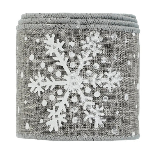 63mm Width Christmas Hessian Style Grey Snowflake Wired Edge Ribbon  63mm x 9.1m