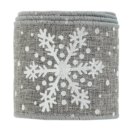 63mm Width Christmas Hessian Style Grey Snowflake Wired Edge Ribbon  Per Metre