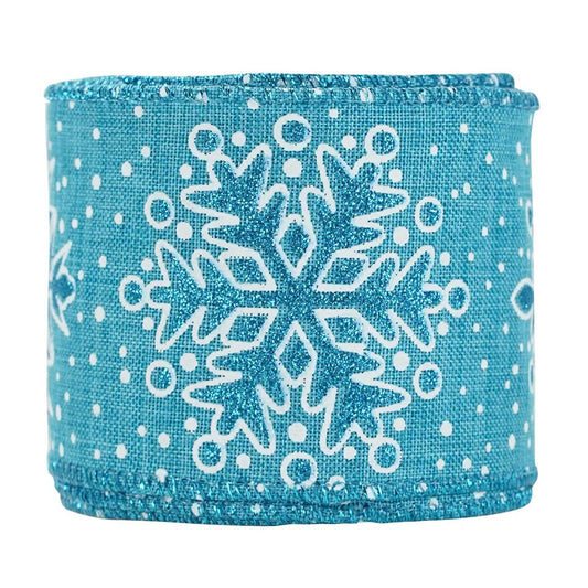 63mm Width Christmas Hessian Style Blue Glitter Snowflake Wired Edge Ribbon   63mm x 9.1m