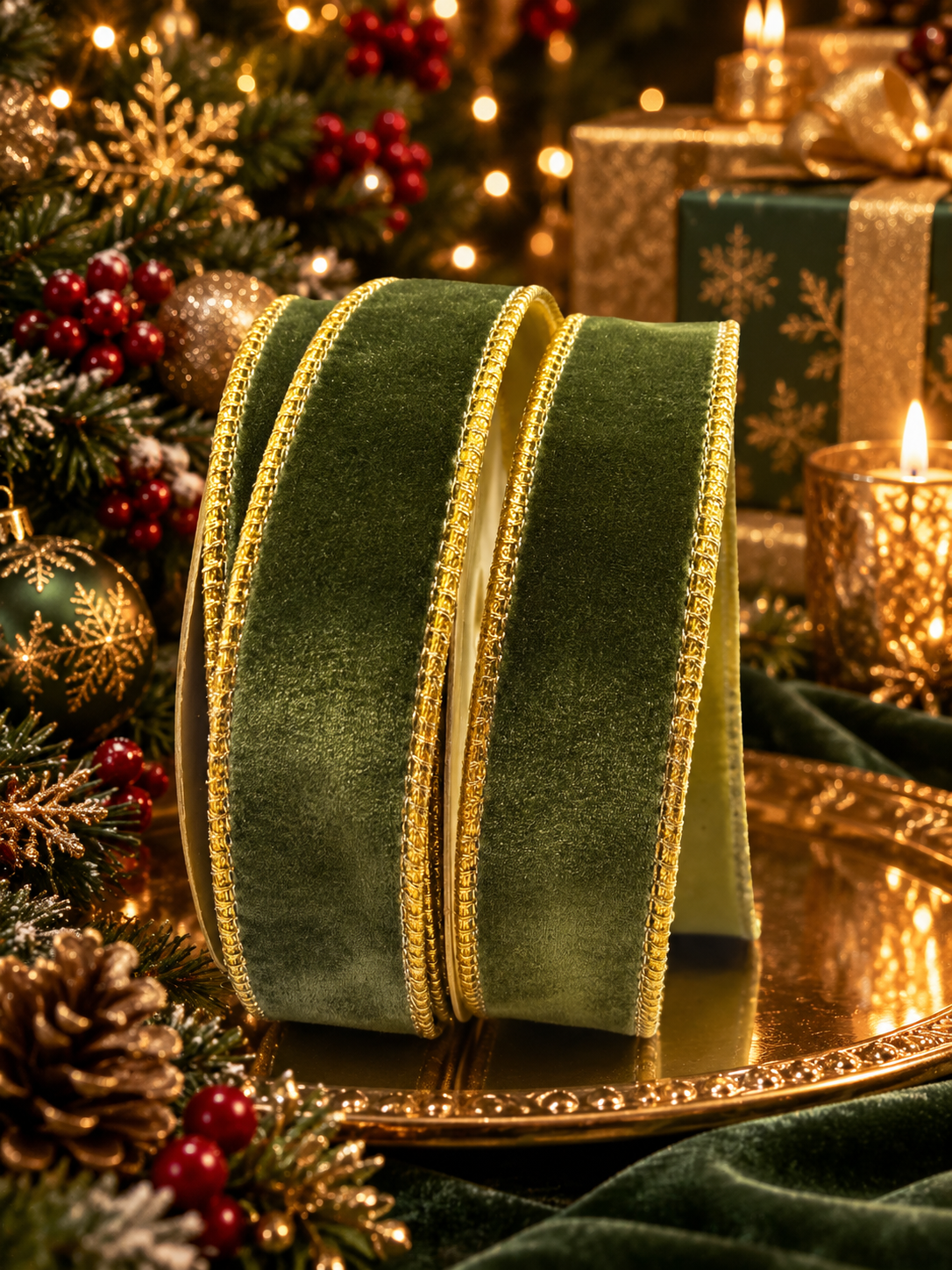 1” (25mm) Sage Velvet With Gold Satin Backed Wired Ribbon