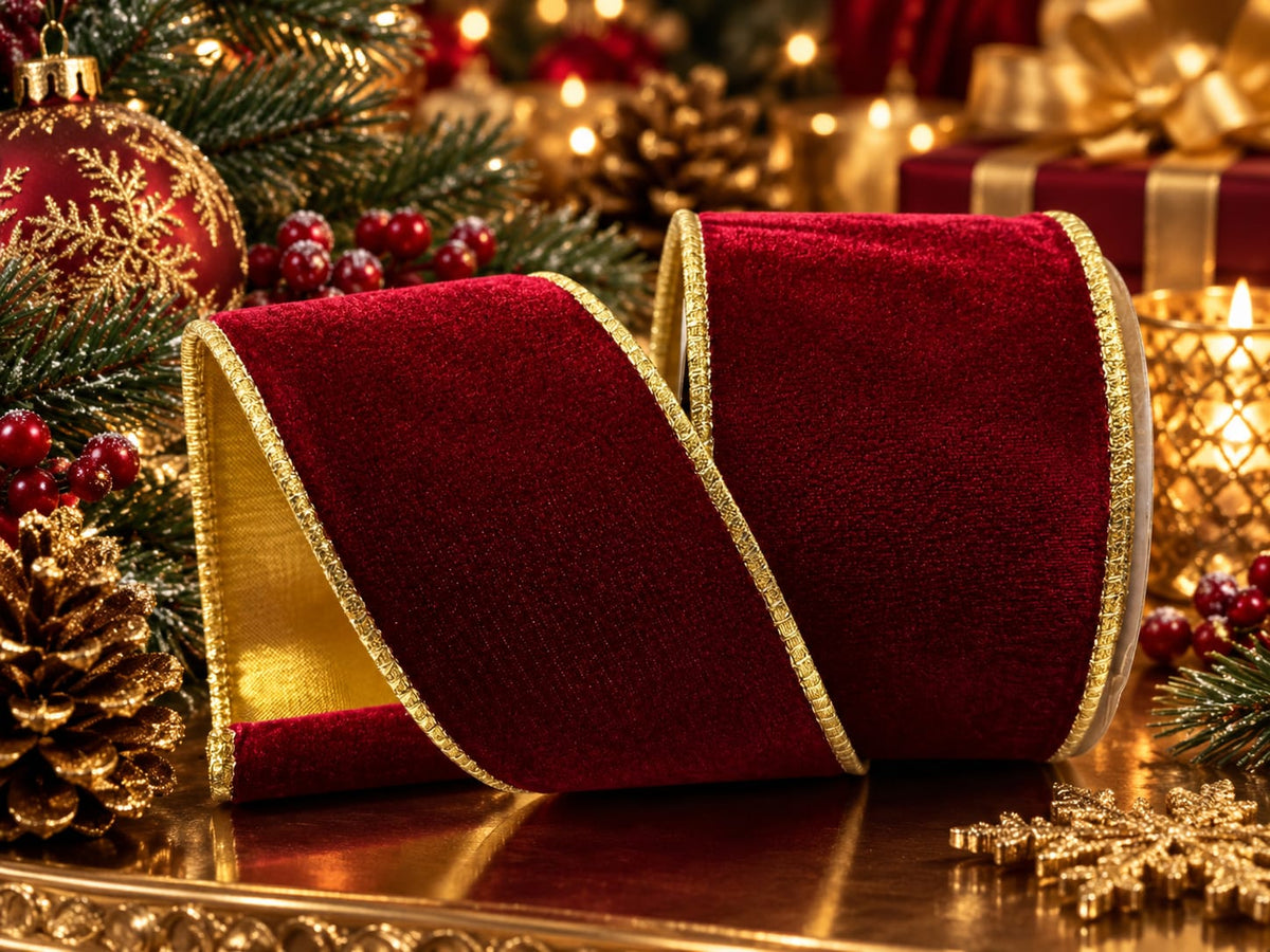 63mm Maroon Velvet With Gold Satin Back Wired Christmas Ribbon