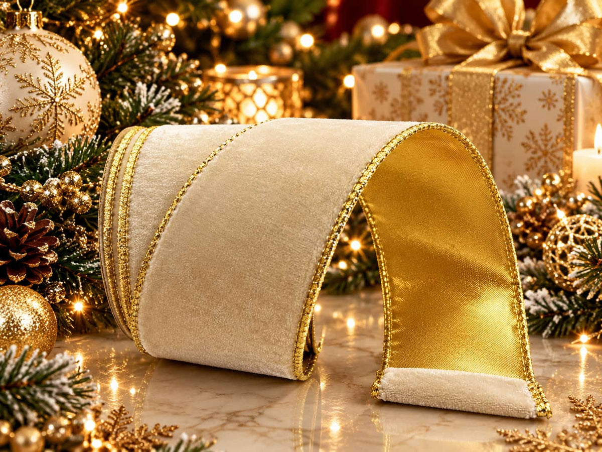 63mm Cream Velvet With Gold Satin Back Wired Christmas Ribbon