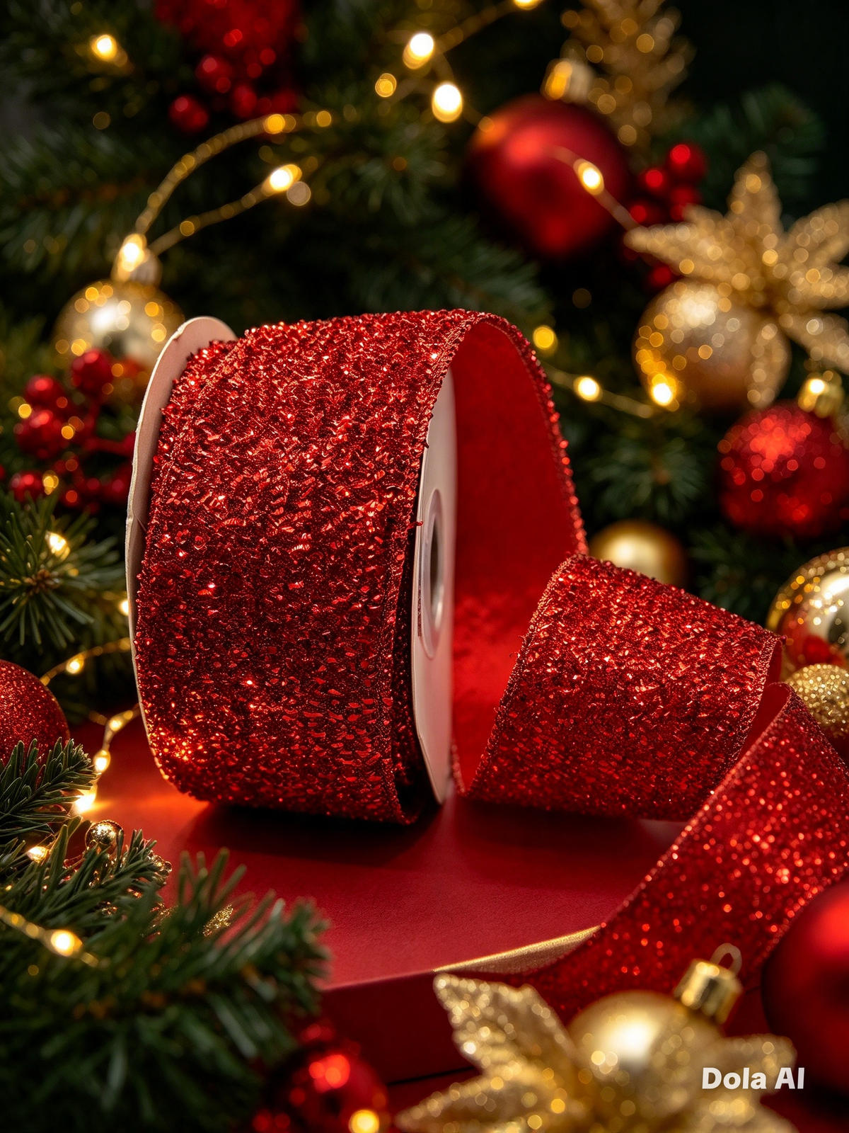 63mm Red Tinsel Wired Christmas Ribbon