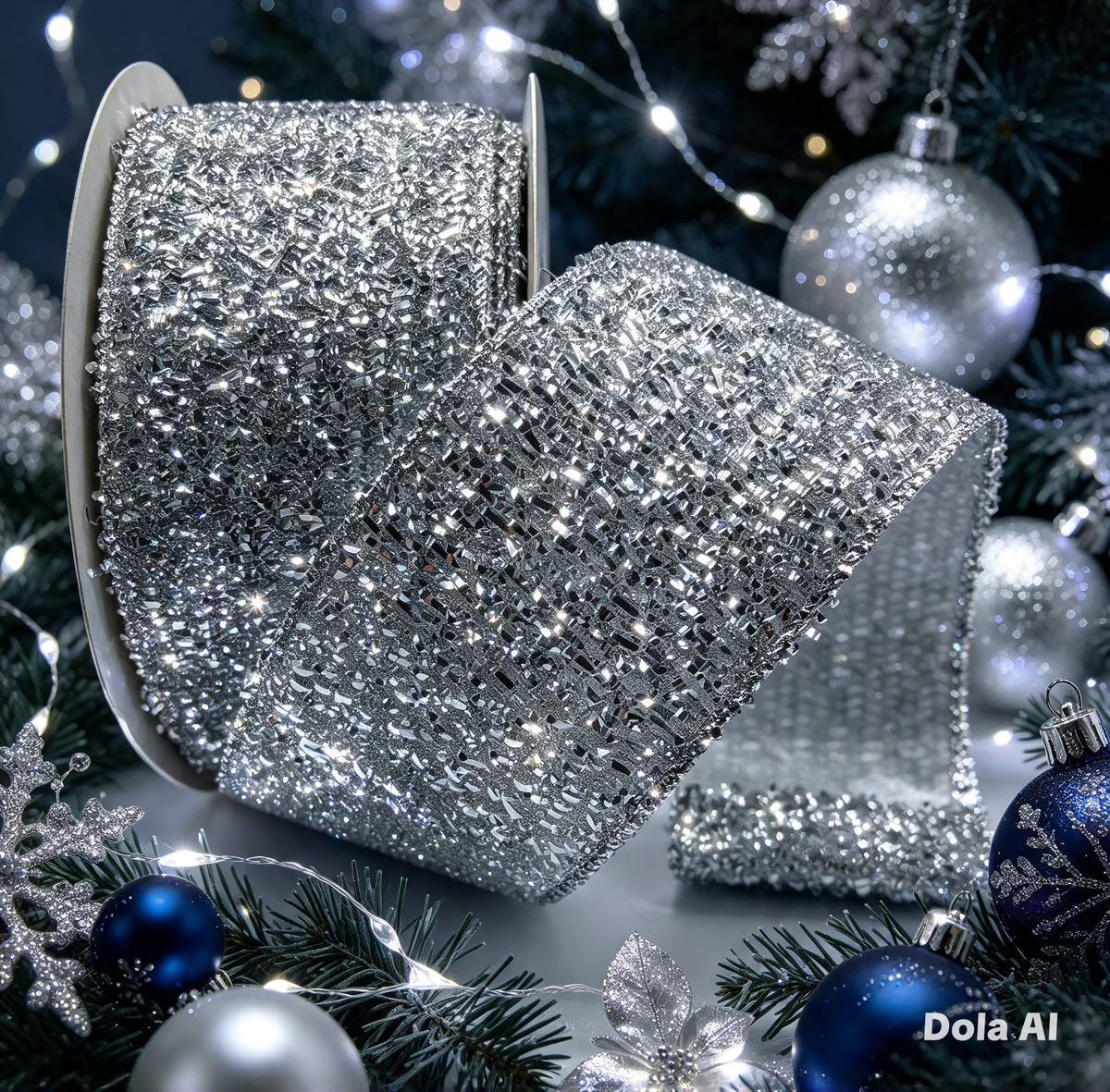 63mm Silver Tinsel Wired Christmas Ribbon
