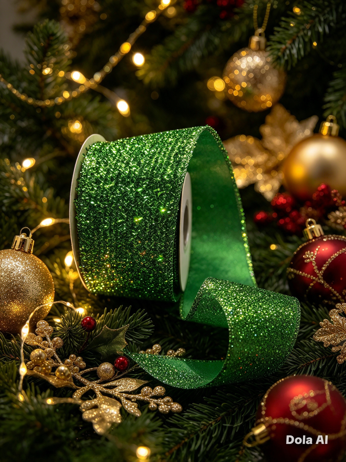 63mm Green Tinsel Wired Christmas Ribbon