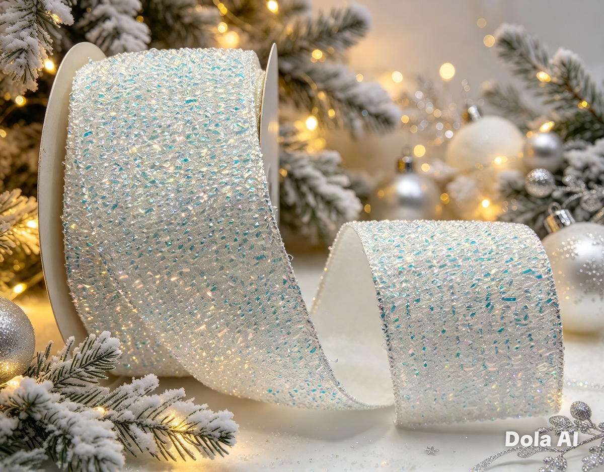 63mm White Tinsel Wired Christmas Ribbon