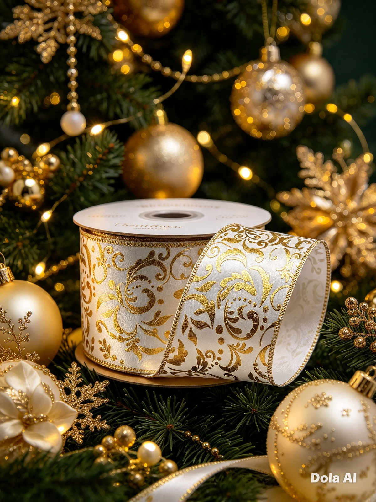 63mm White Satin With Gold Swirl Wired Christmas Ribbon