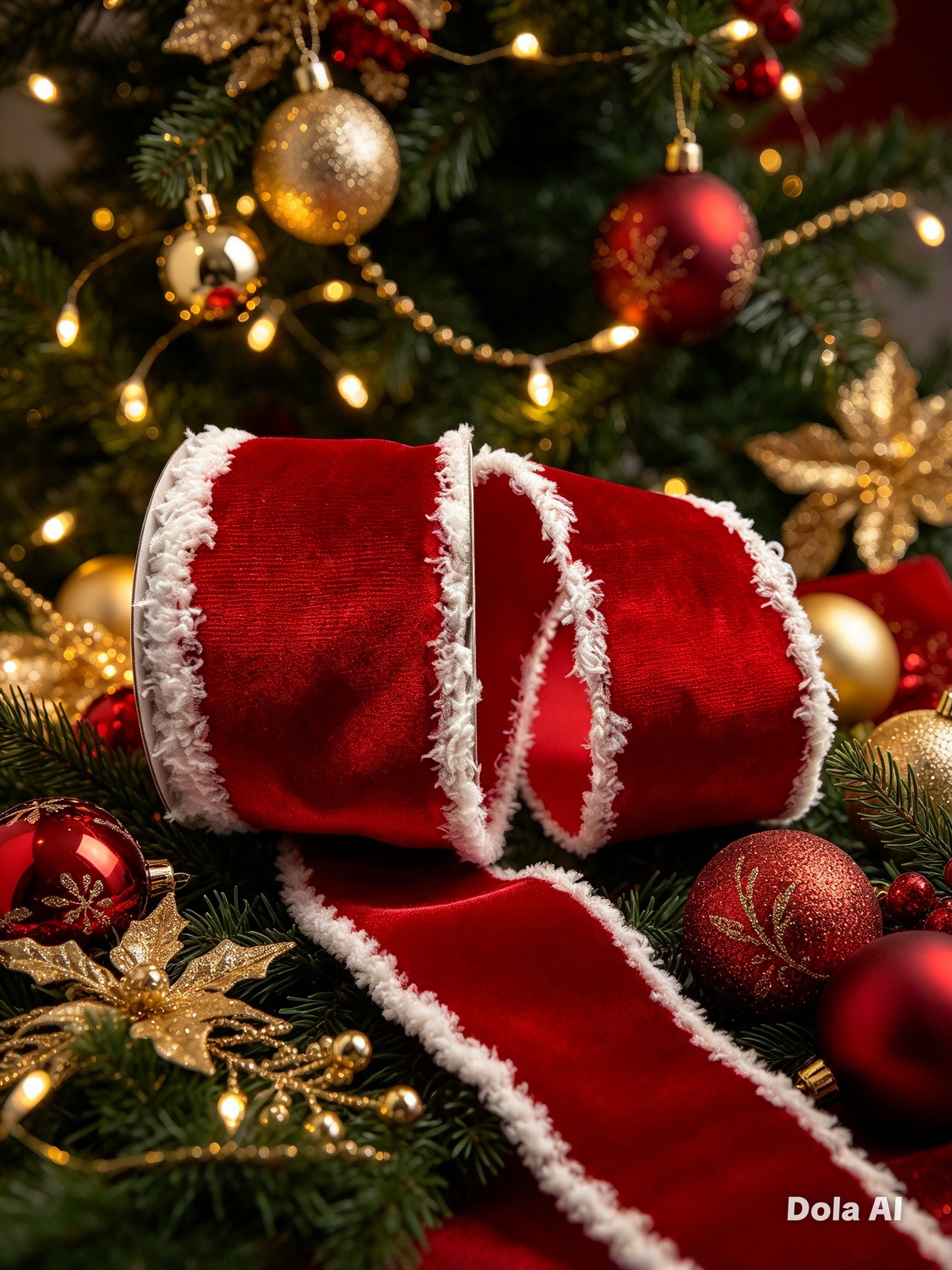 63mm Red Velvet With White Fluffy Edge Wired Christmas Ribbon
