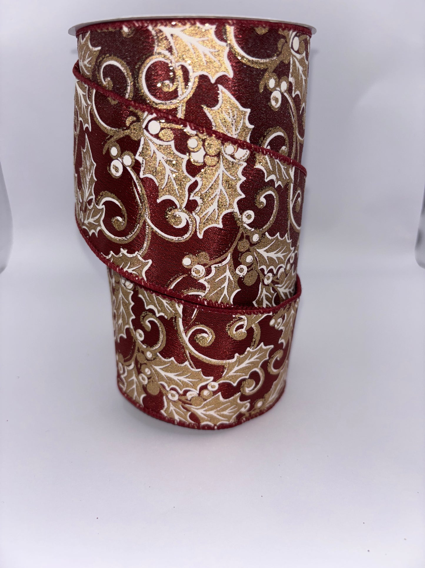 63mm Maroon & Gold Holly Christmas Wired Ribbon per mtr