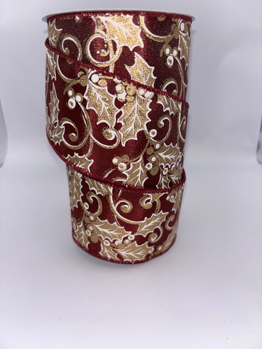 63mm Maroon & Gold Holly Christmas Wired Ribbon per mtr